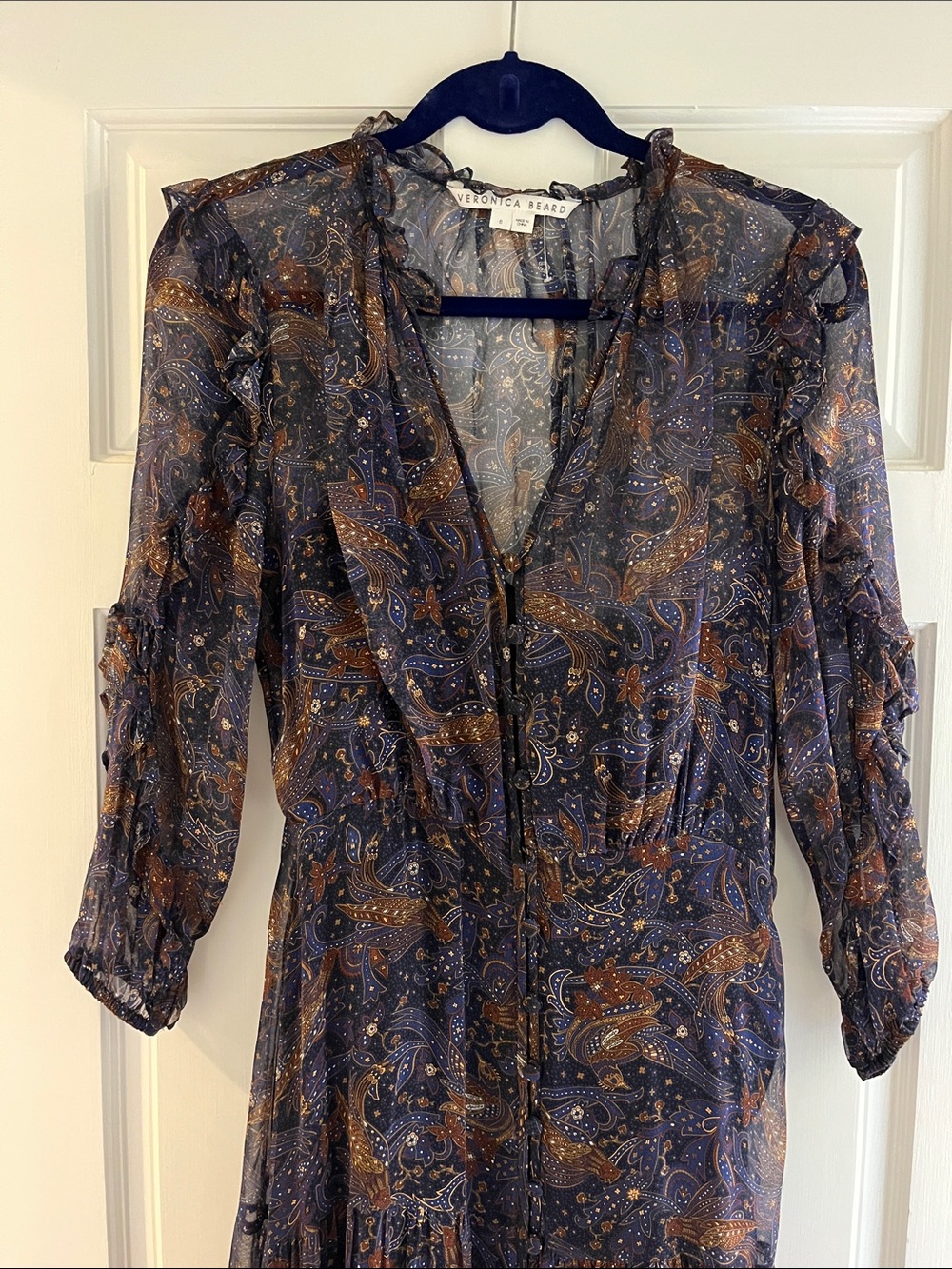 Veronica Beard Navy and Brown Paisley Sheer Ruffle Tunic